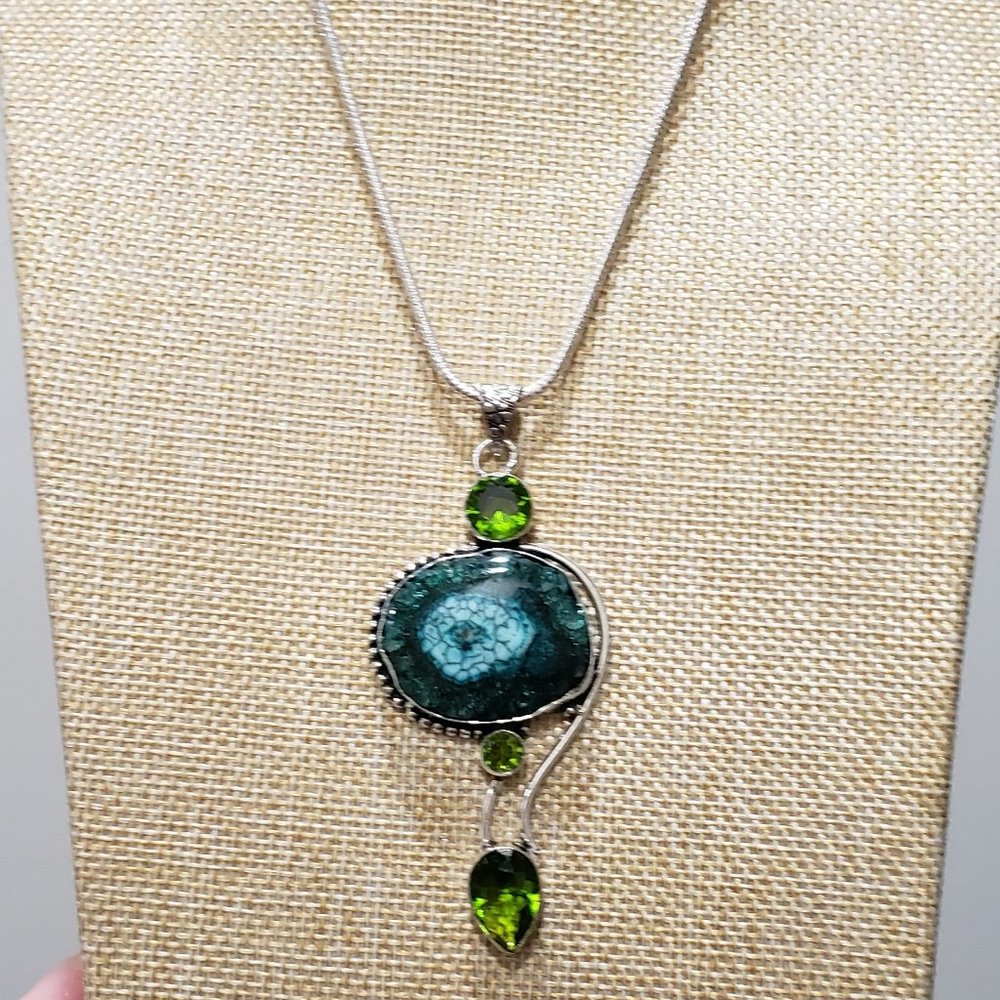 Solar Druzy, Peridot Gem 925 Pendant Necklace